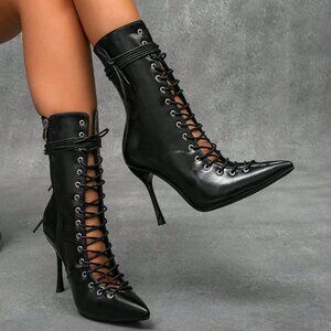 Black Sexy Women's Lace-Up High Heel Mid-Calf Boots